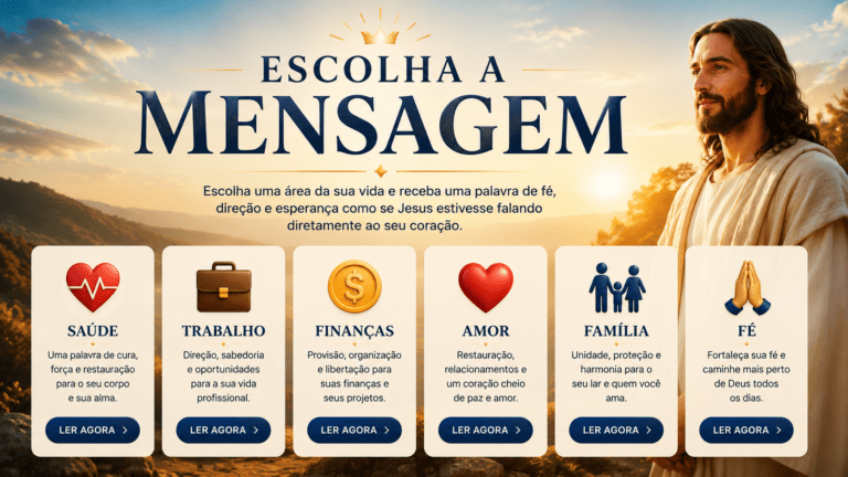 Ilustração de Jesus ao lado de mensagens por tema, com cartões sobre saúde, trabalho, finanças, amor, família e fé.