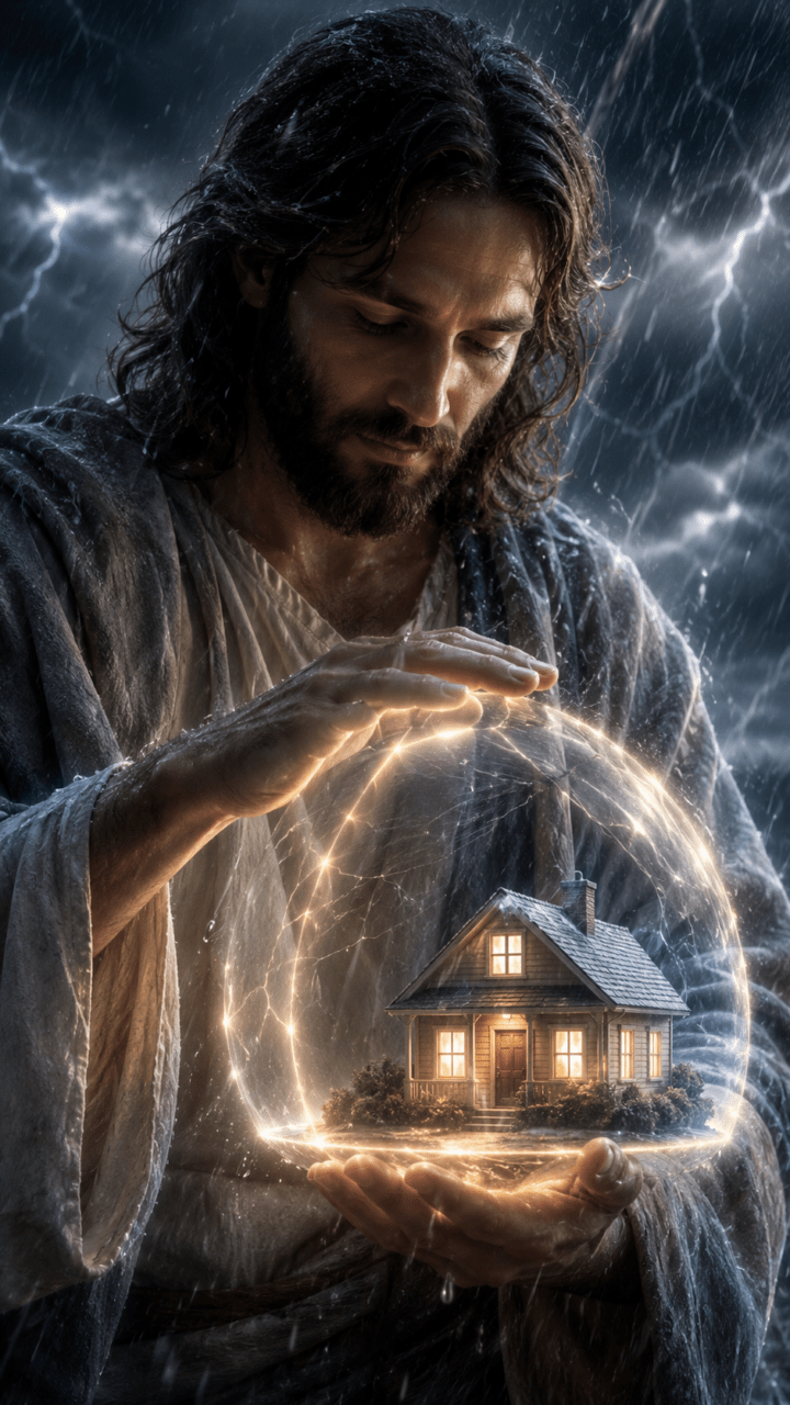 Jesus Protegendo Uma Casa na Tempestade