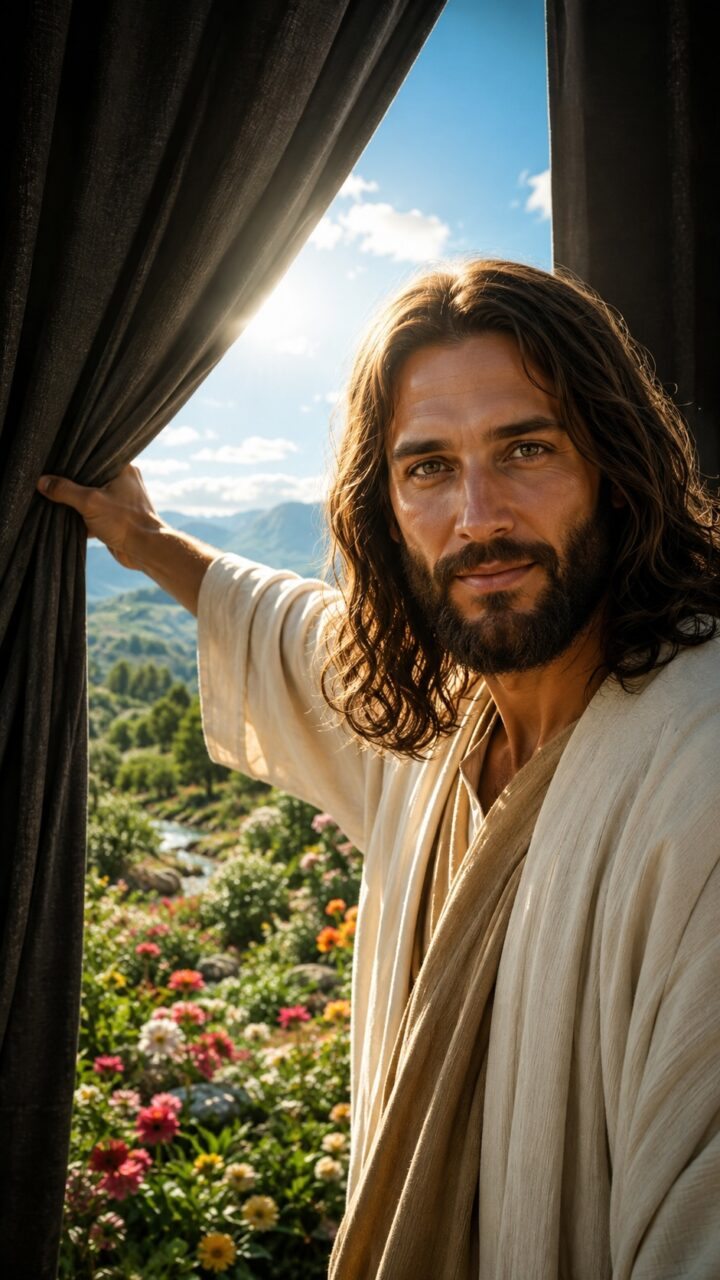 Jesus abrindo a cortina e um lindo jardim aparecendo