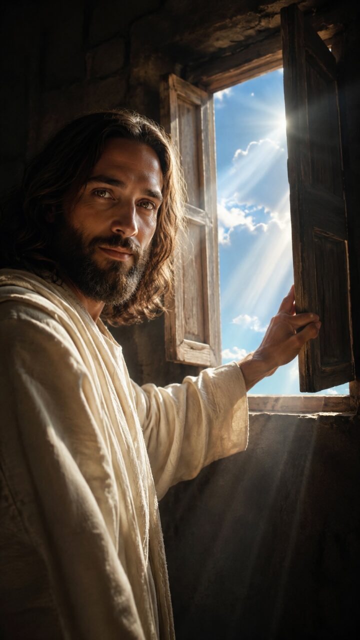 Jesus abrindo uma janela com um lindo céu