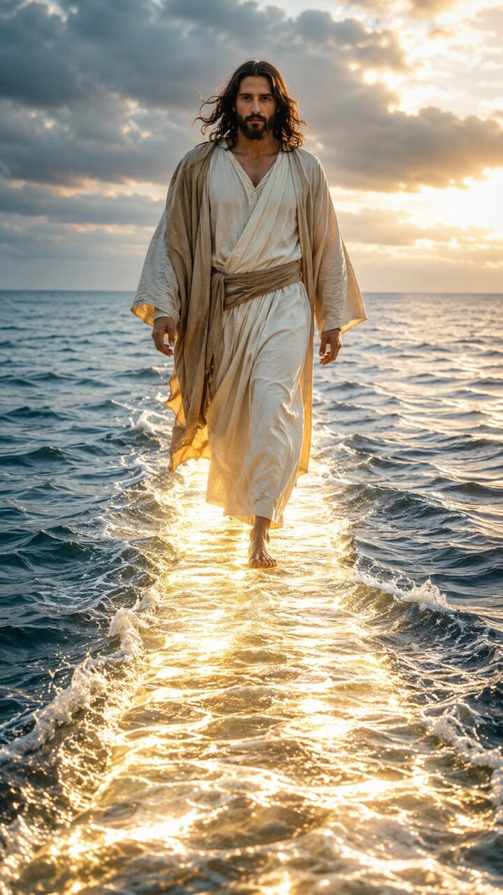 Jesus caminhando em meio ao mar com uma luz no caminho