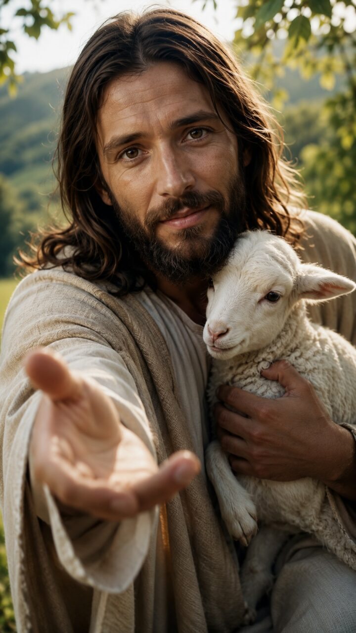 Jesus com a mão estendida e com um cordeirinho nos braços