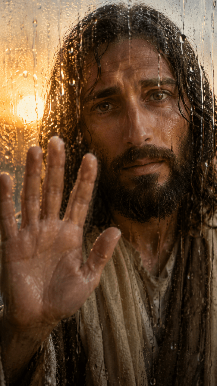 Jesus com a mão no vidro na chuva