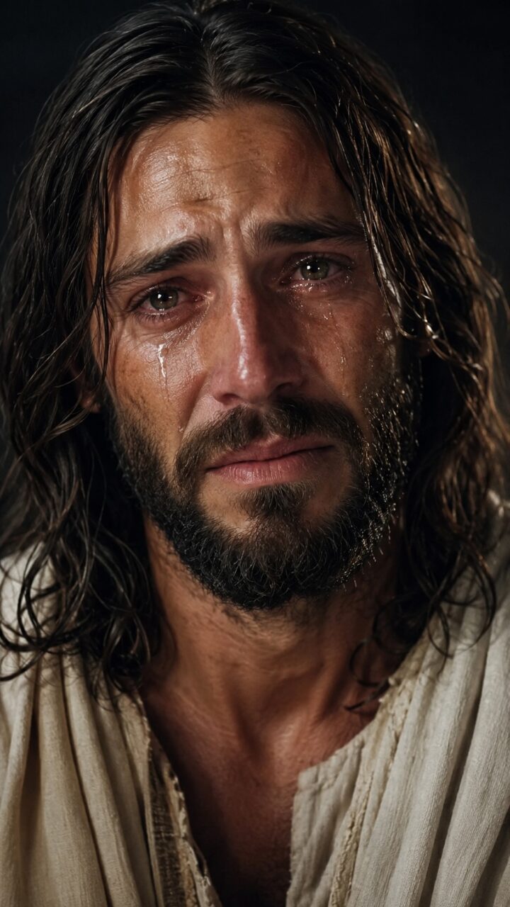 Jesus com lágrimas nos olhos bem próximo