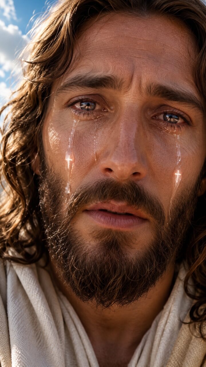 Jesus com lágrimas nos olhos e cruzes de luz