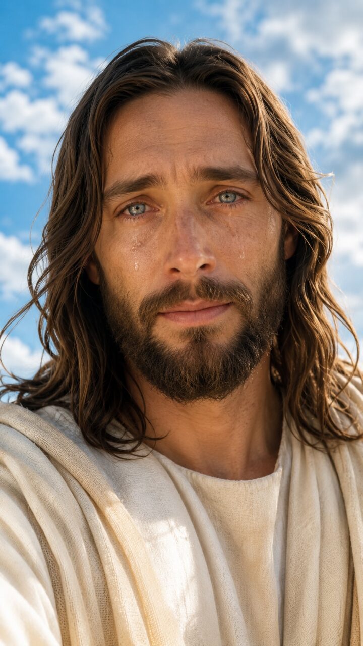 Jesus com lágrimas nos olhos e um céu azul