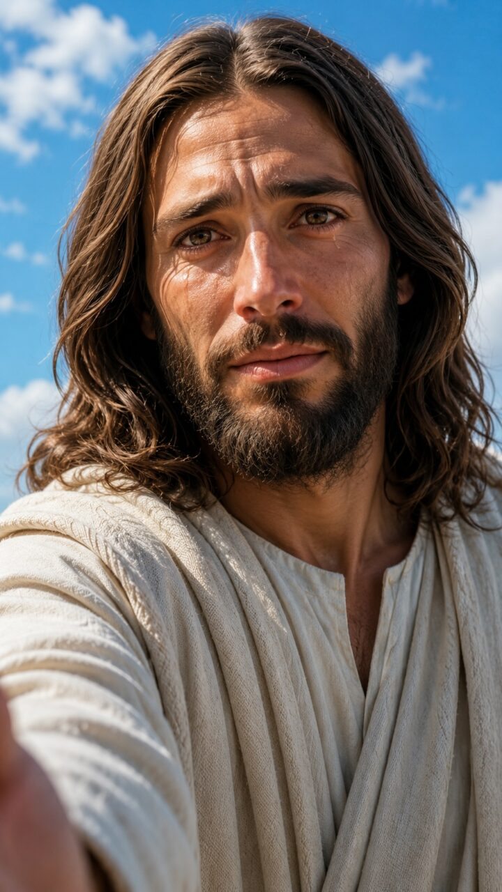 Jesus com lágrimas nos olhos e um céu azul