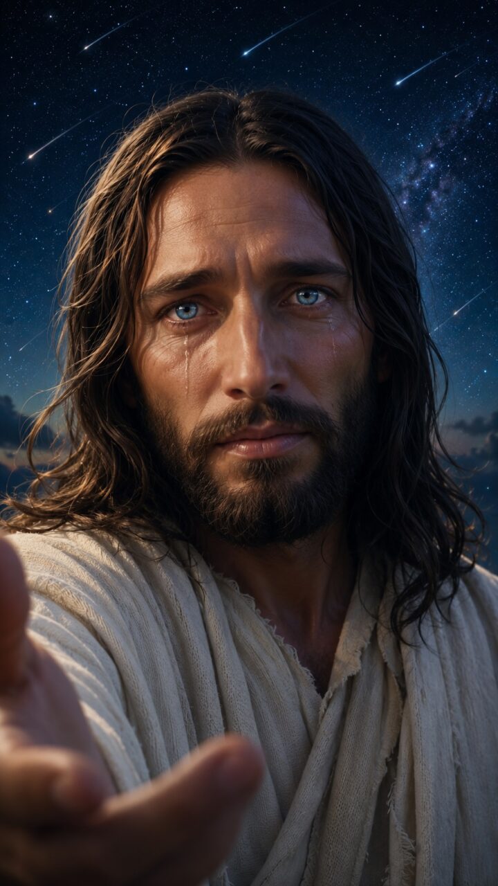 Jesus com lágrimas nos olhos e um céu escuro com estrelas cadentes