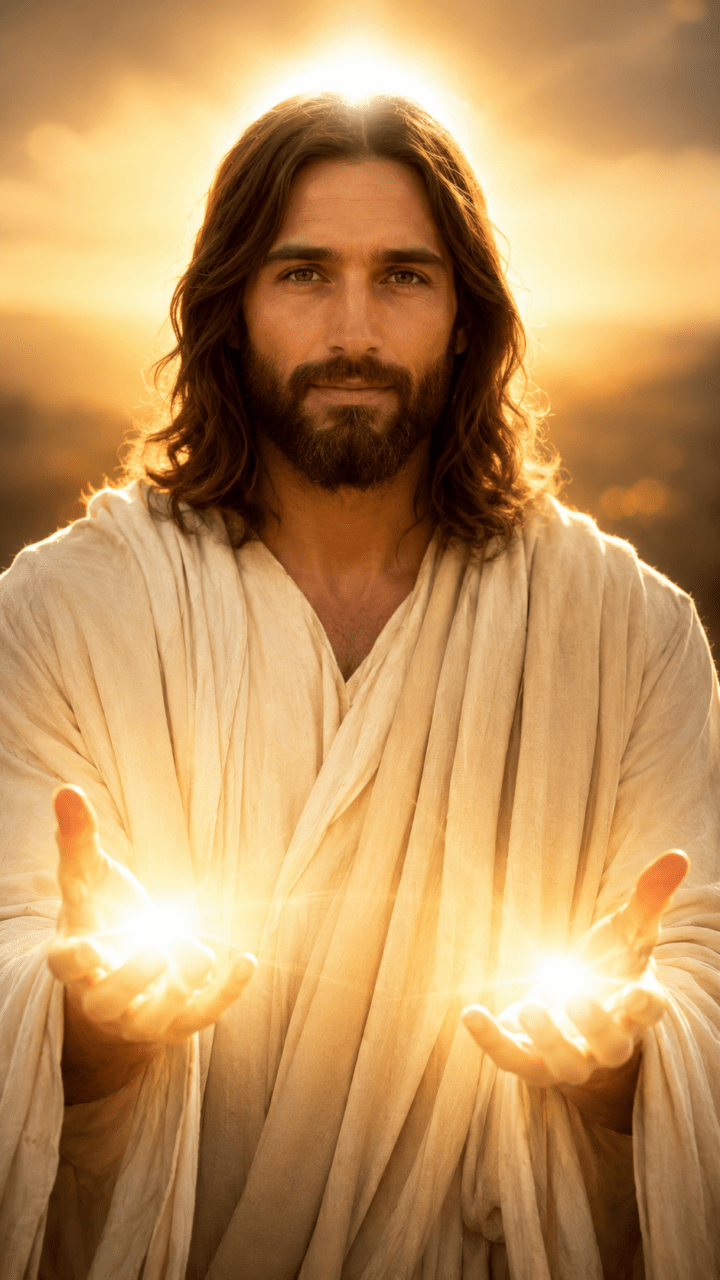 Jesus com luzes nas mãos e cabeça