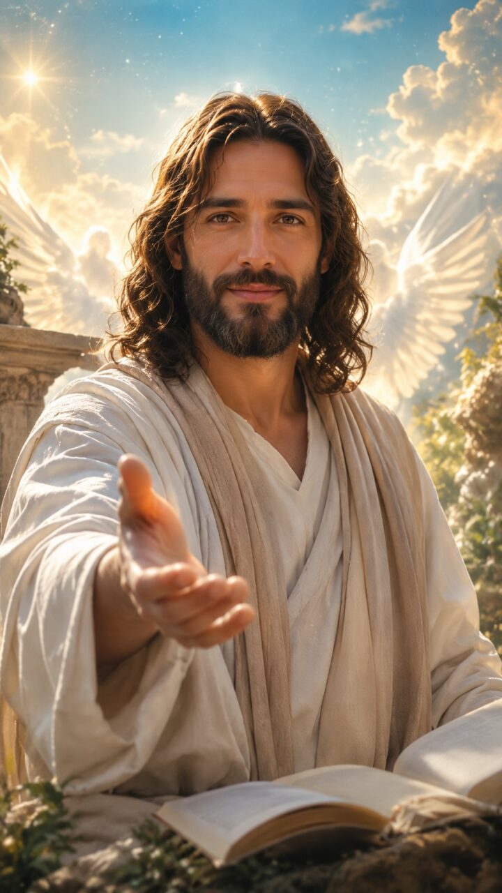 Jesus com mao estendidas em lugar celestial com a bíblia