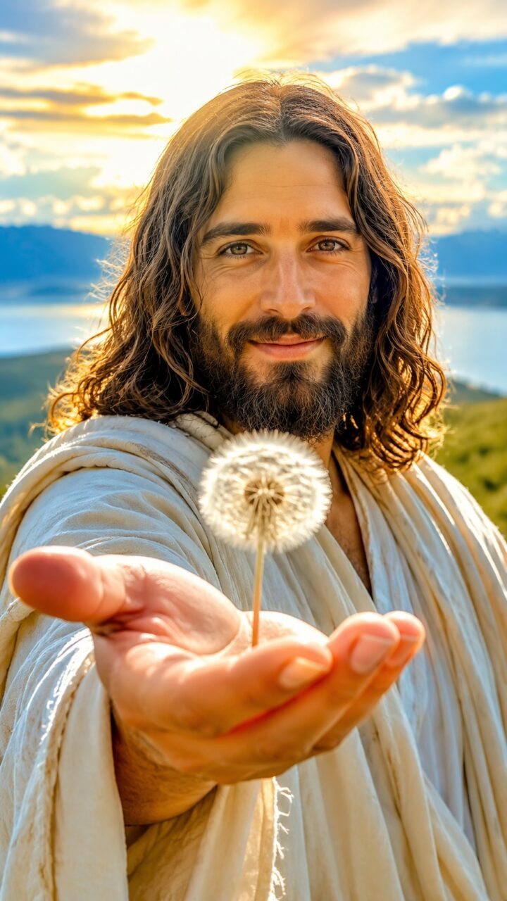 Jesus com um Dente de Leão - Flor que Viaja na mão