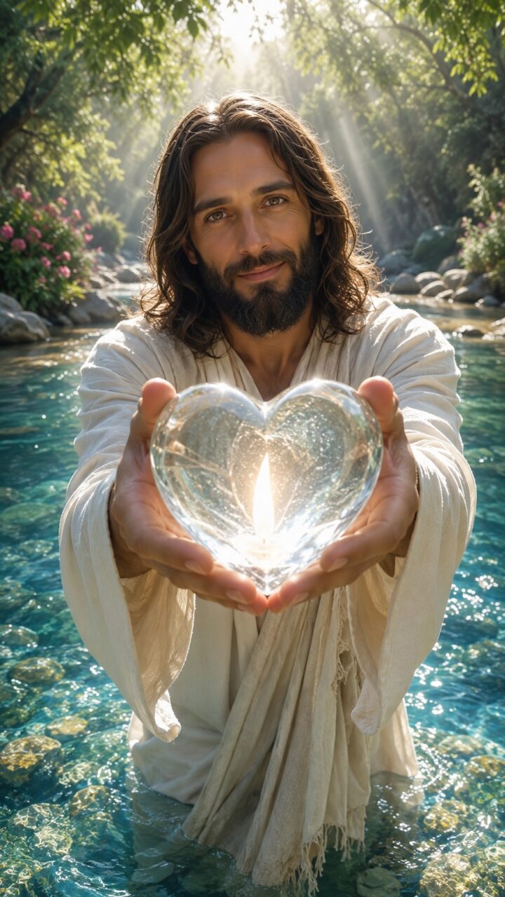 Jesus com um coração de cristal e uma chama acesa