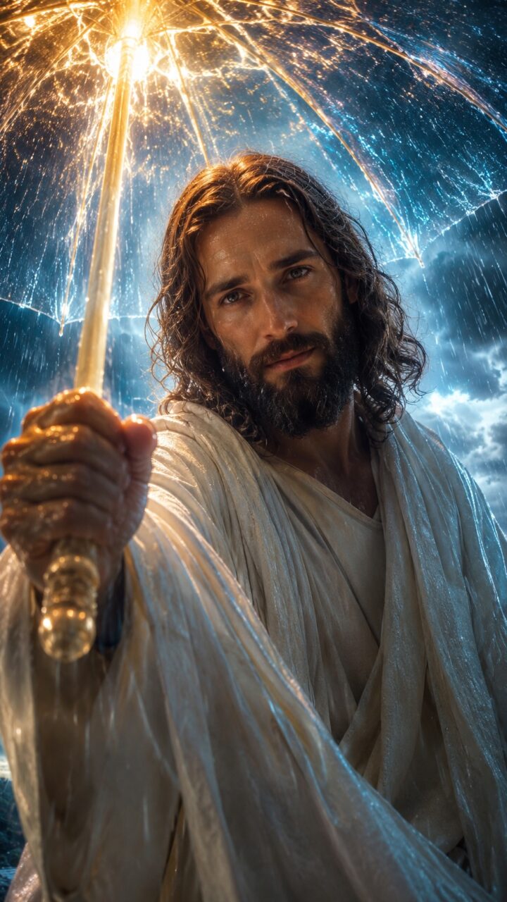 Jesus com um guarda-chuva transparente em meio a uma tempestade