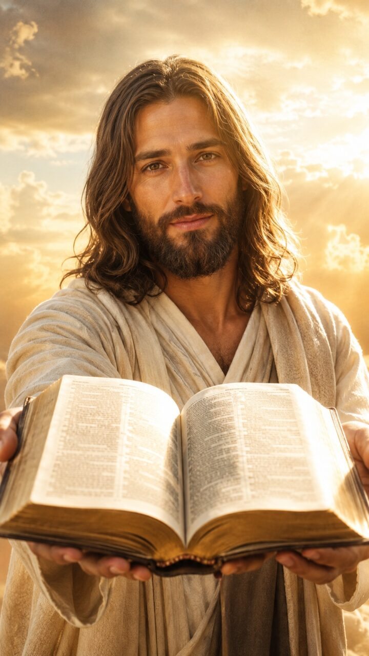 Jesus com uma bíblia nas mãos e um cenário celestial