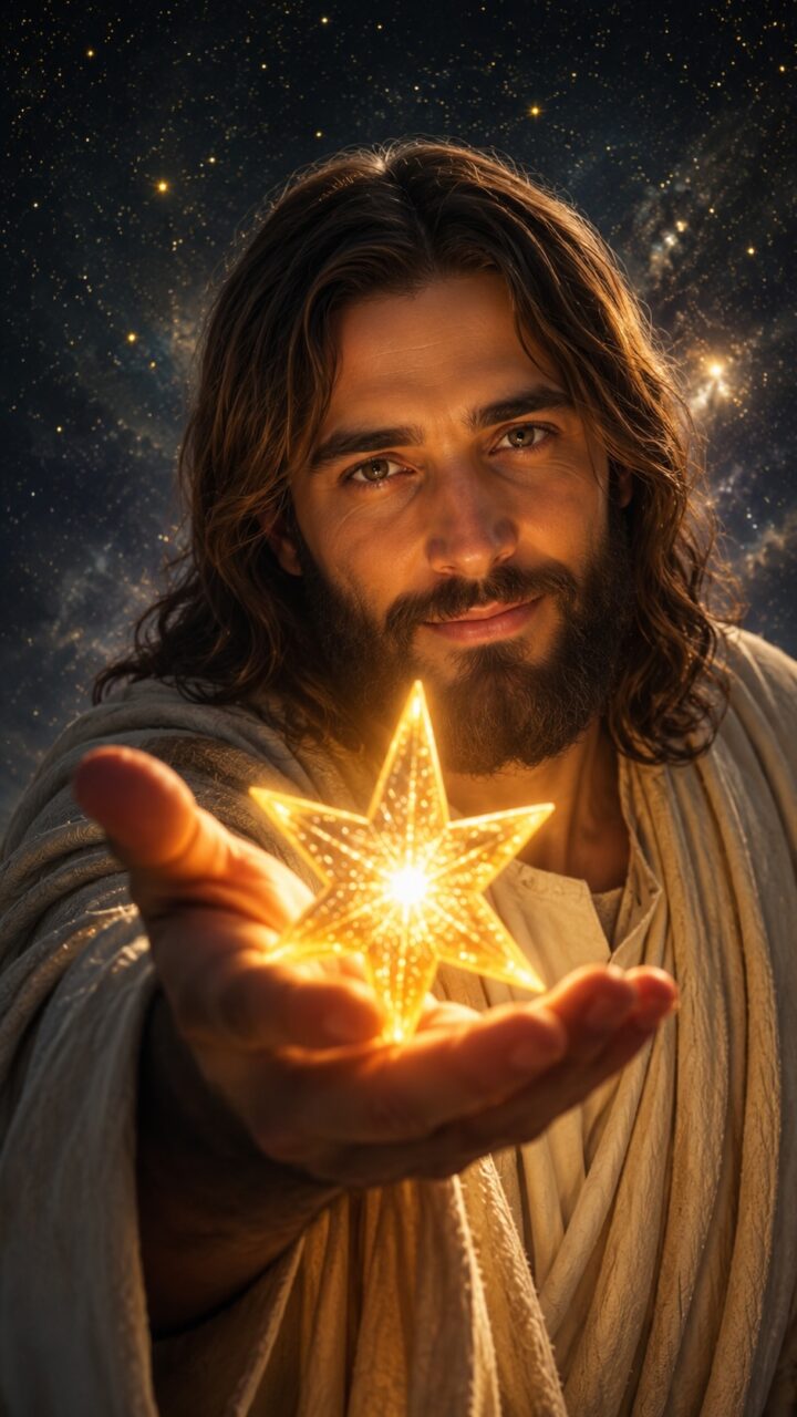 Jesus com uma estrela dourada e brilhante na mão