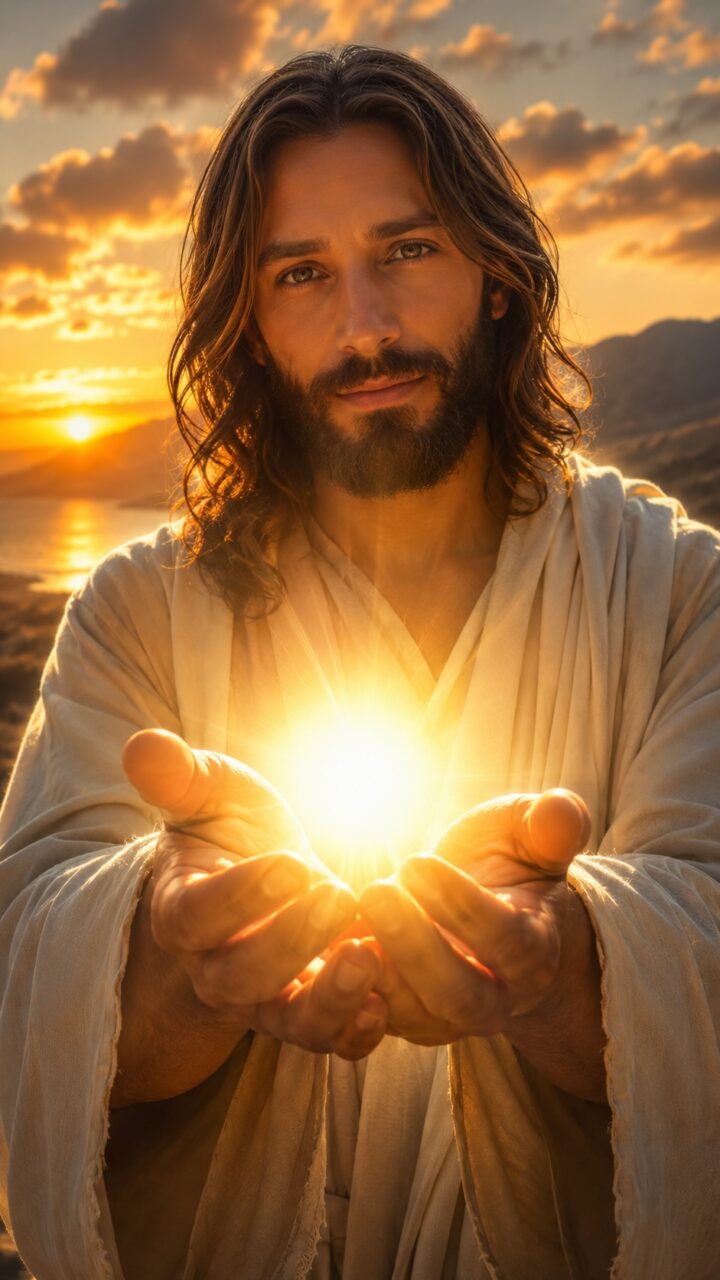 Jesus com uma luz nas mãos e um por do sol