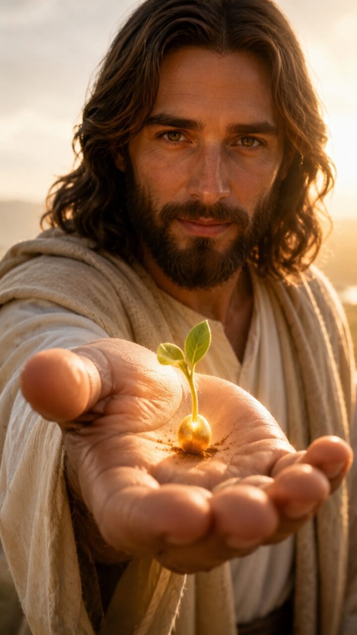 Jesus com uma semente florescendo na mão