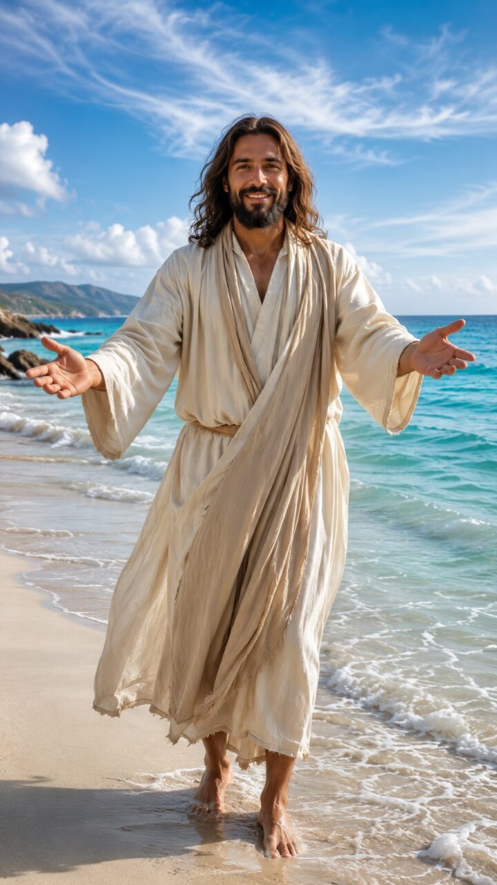 Jesus de braços abertos e uma linda praia cristalina