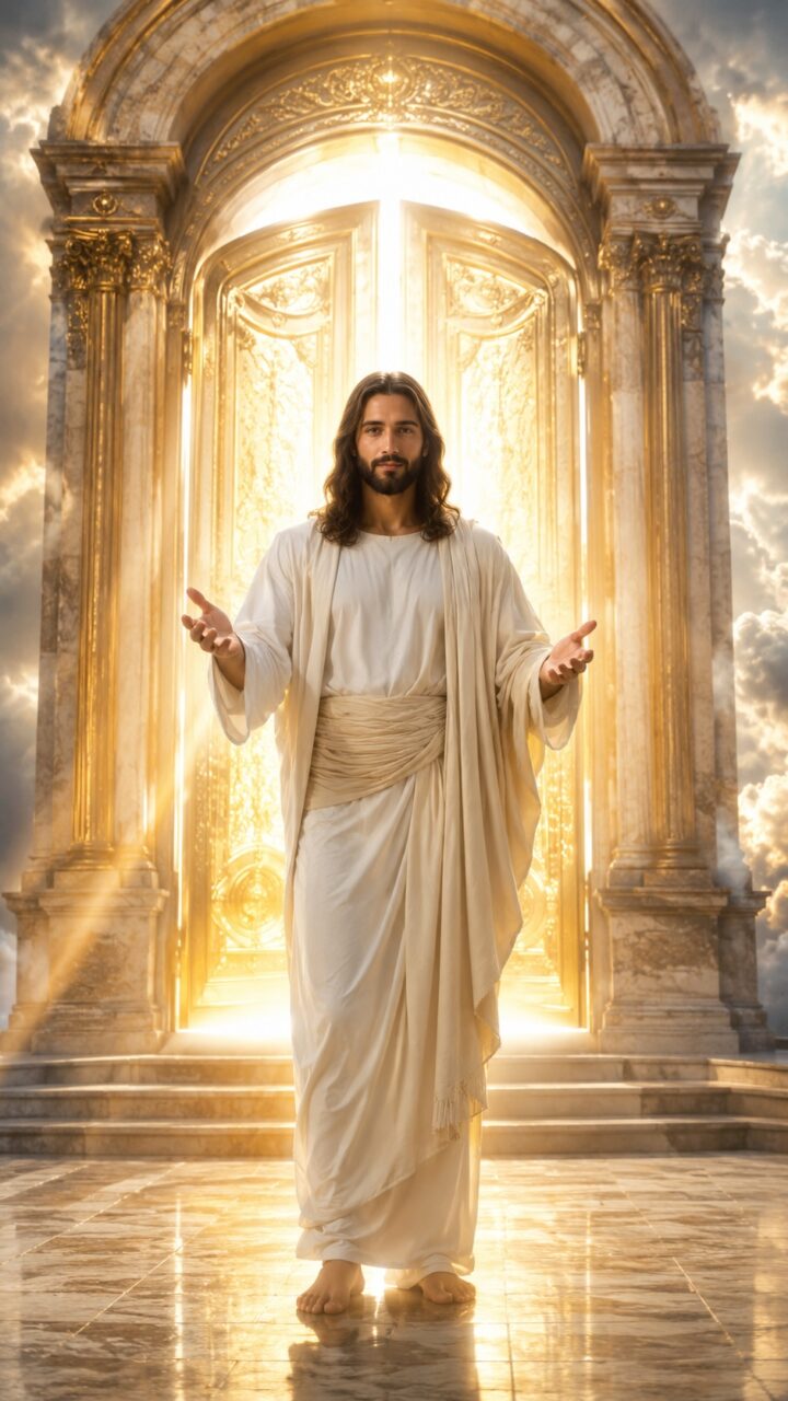 Jesus de frente a uma porta celestial