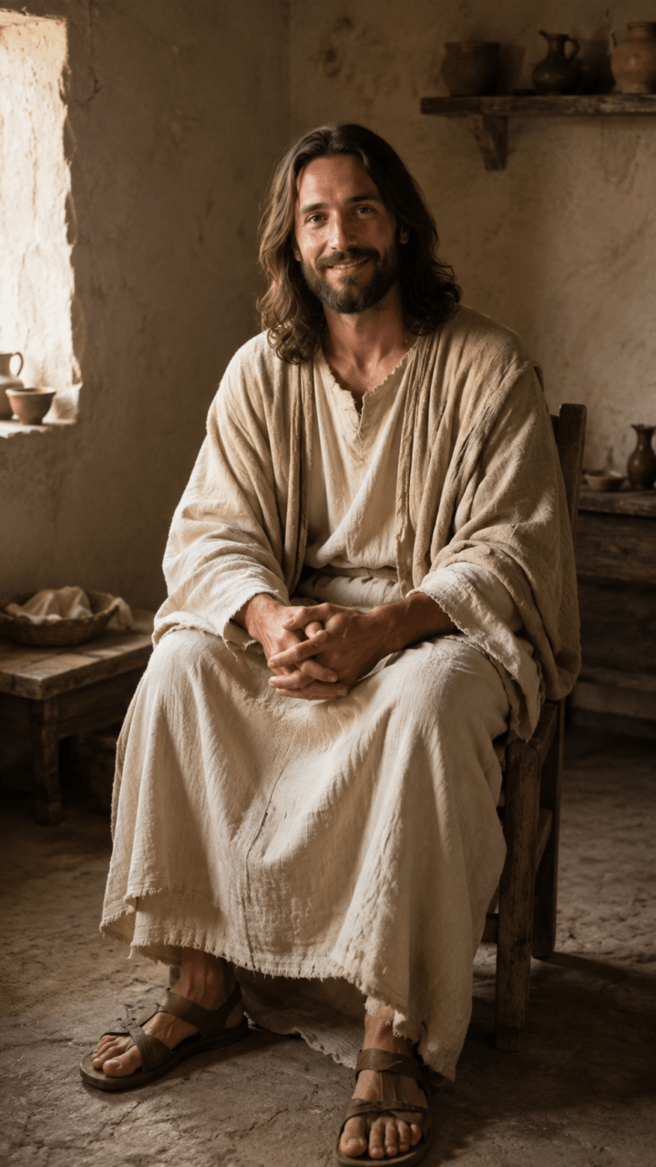 Jesus em ambiente rústico e acolhedor