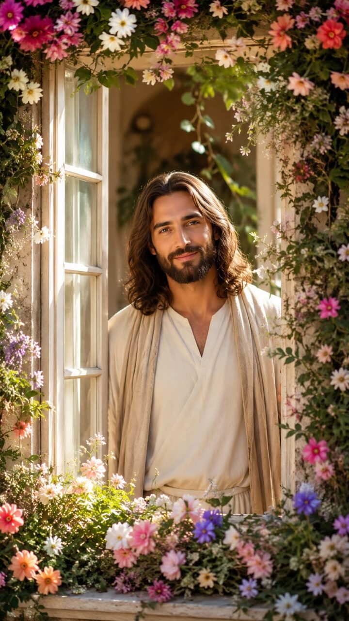Jesus em uma linda janela cheia de flores ao redor