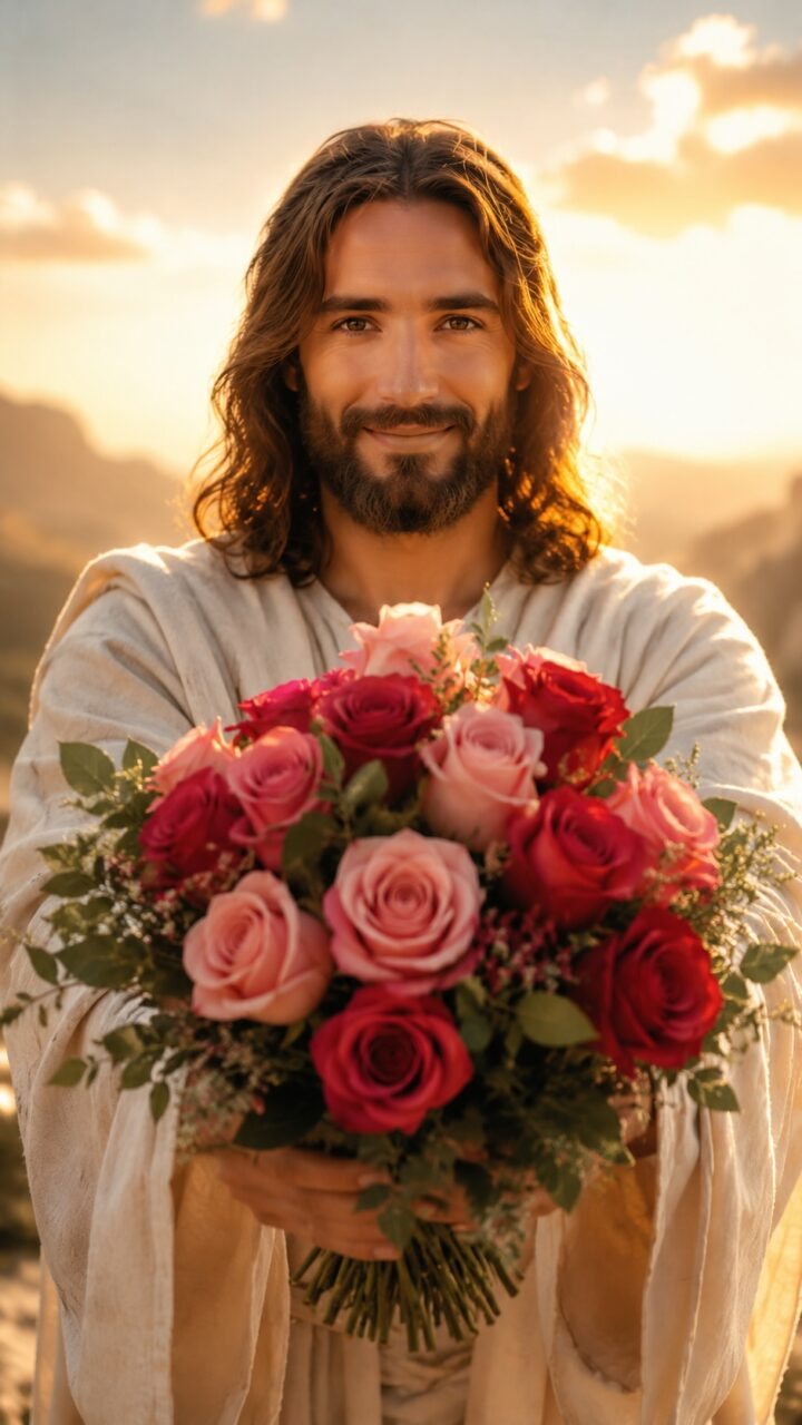 Jesus entregando um buquê de rosas vermelhas e rosas