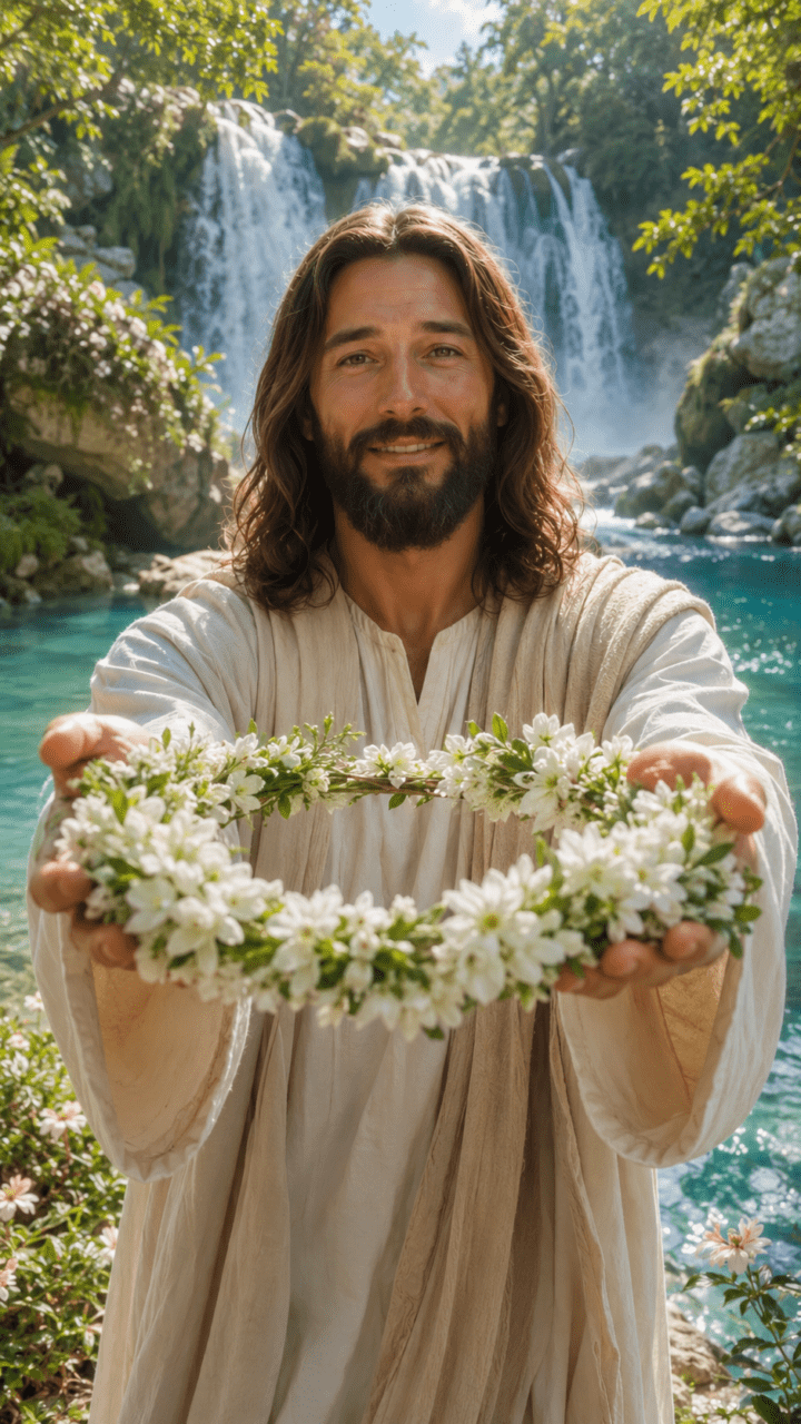 Jesus entregando uma coroa de flores branca em um lago cristalino e cachoeira