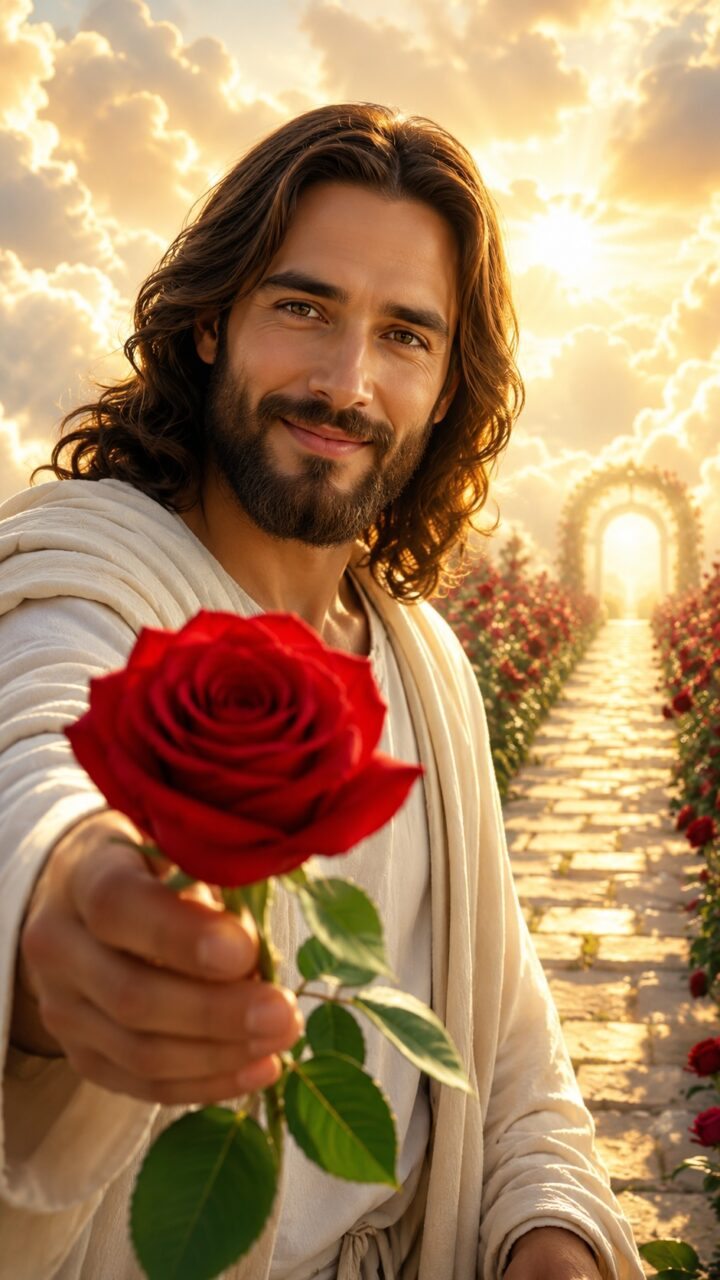 Jesus entregando uma rosa vermelha