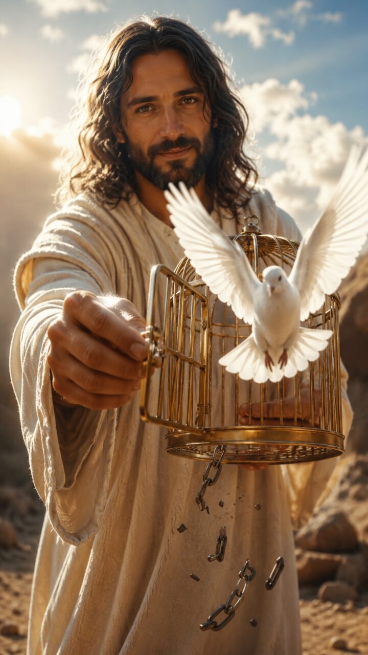 Jesus libertando uma pomba branca da gaiola