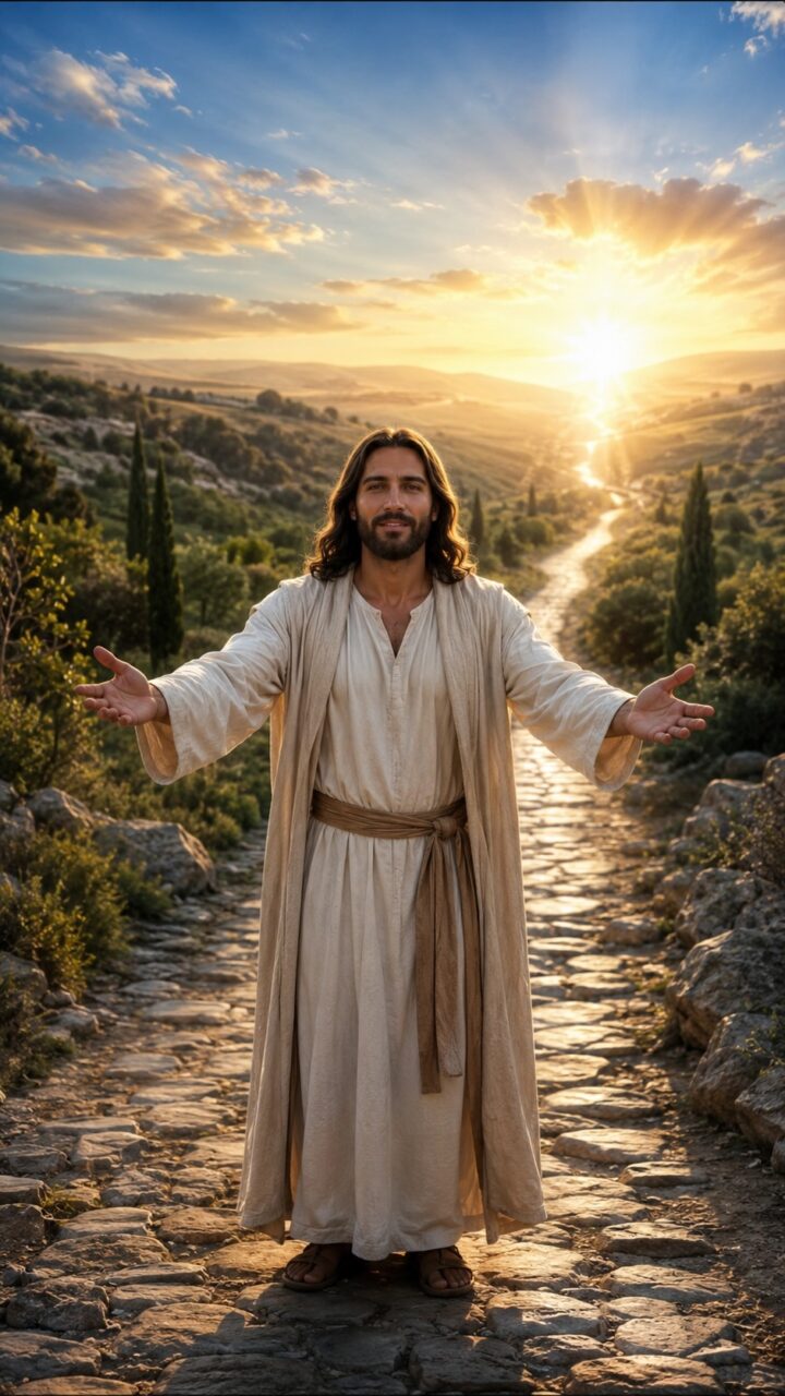 Jesus no meio de um lindo caminho