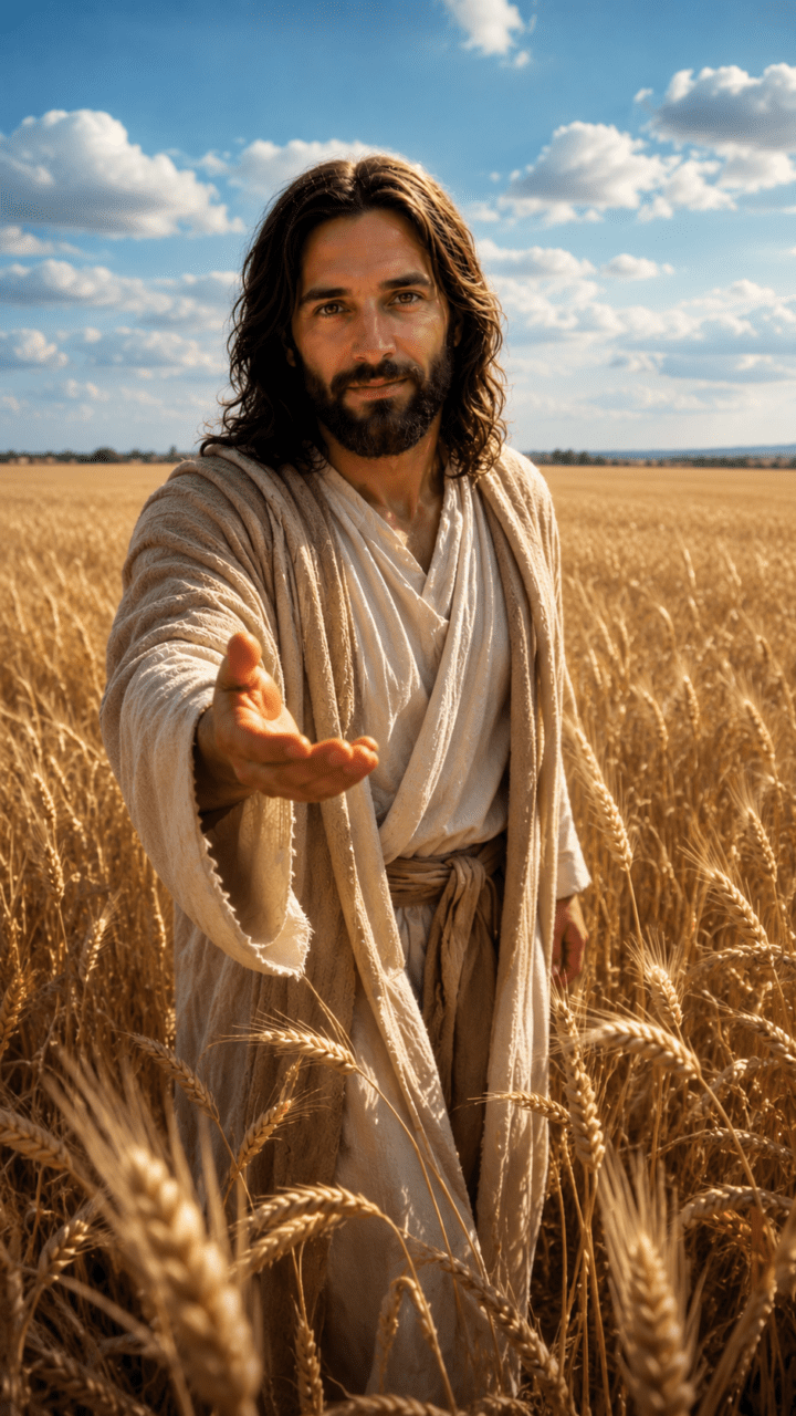 Jesus no meio do trigo com a mão estendida