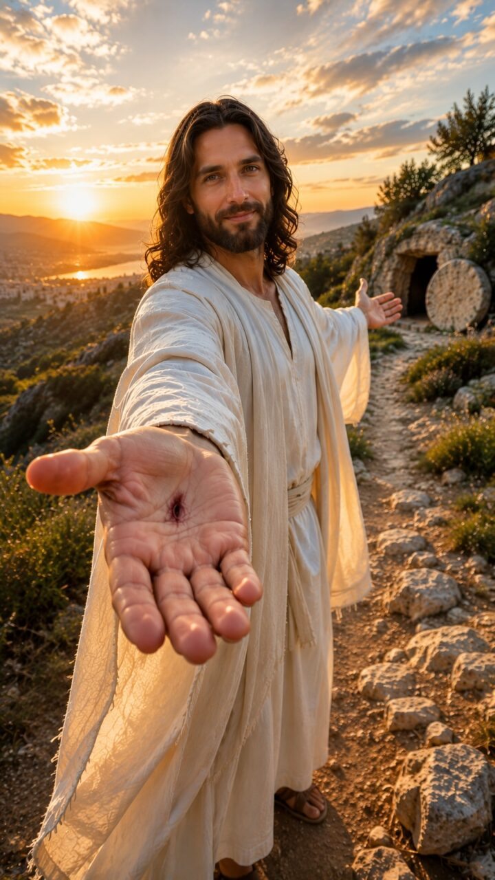Jesus ressuscitado com a mão estendida com uma cicatriz