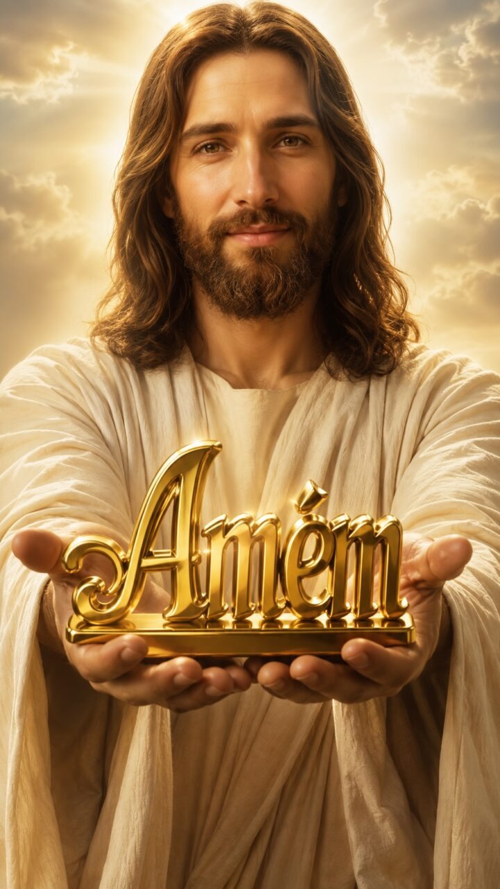 Jesus segurando uma estátua com Amém