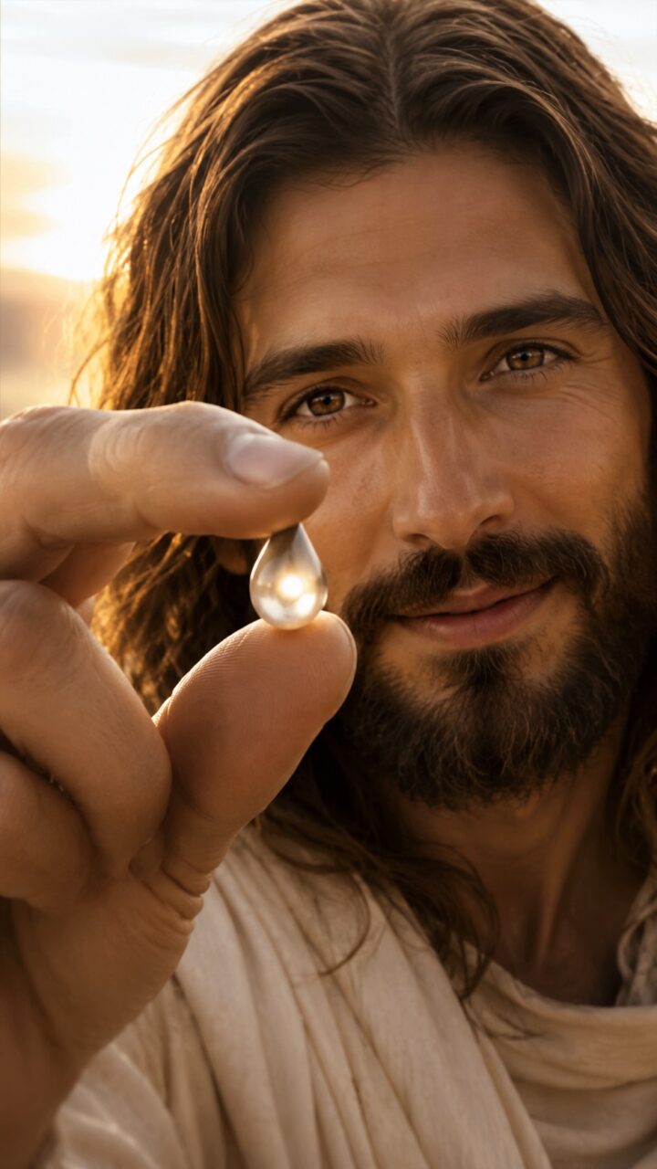 Jesus segurando uma lágrima na mão como se fosse uma pérola