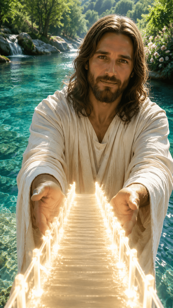 Jesus segurando uma ponte luminosa em águas cristalinas