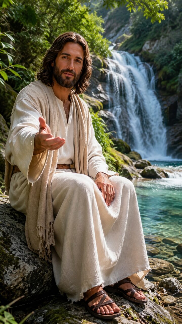 Jesus sentado em uma pedra e um cenário de cachoeira