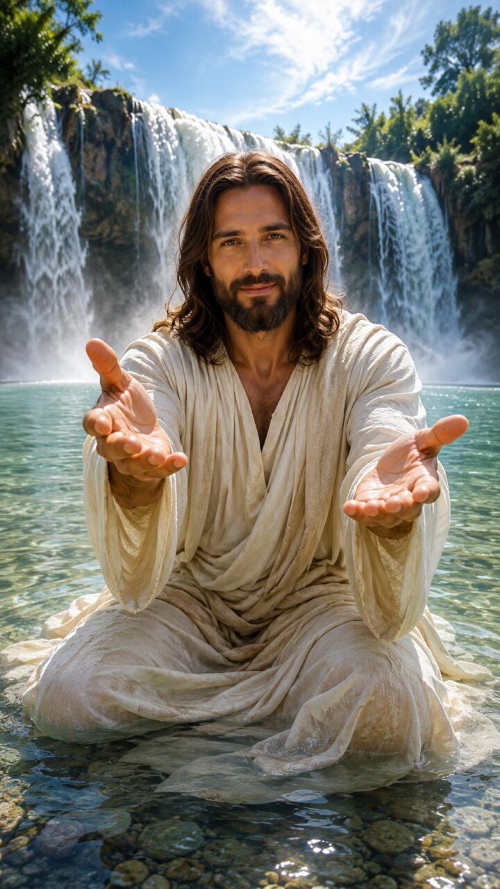 Jesus sentando em aguas cristalinas e cachoeira de fundo