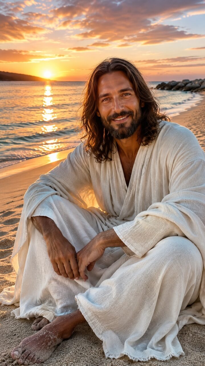 Jesus sentando na areia da praia em um por do sol