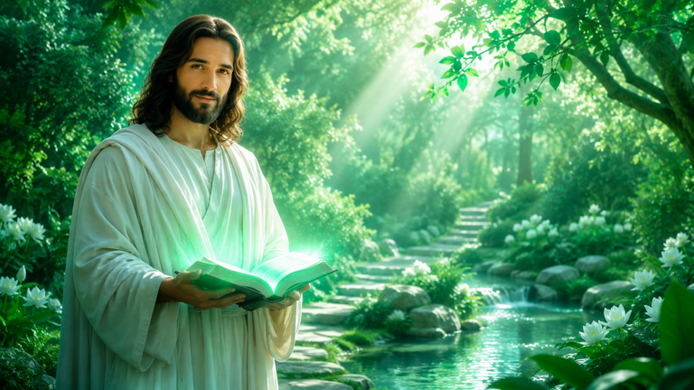 Ilustração do Jardim da Palavra: Jesus segura um livro aberto entre árvores, flores brancas e um riacho iluminado.