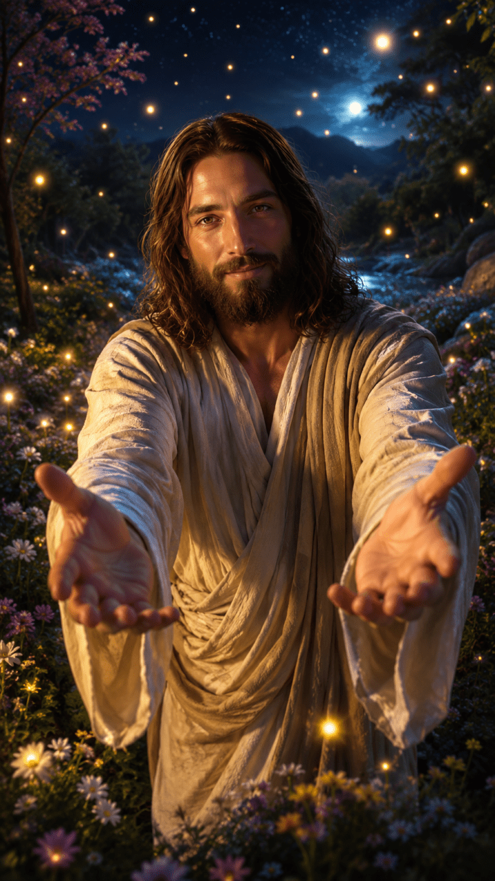 Jesus com as mãos estendida em um cenário noturno com vagalumes