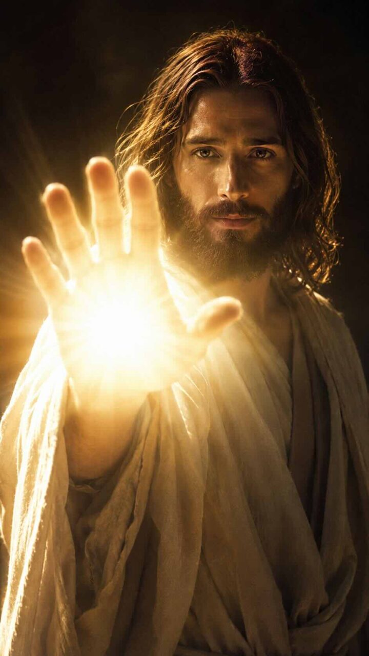 Jesus abençoando com uma luz divina na mão