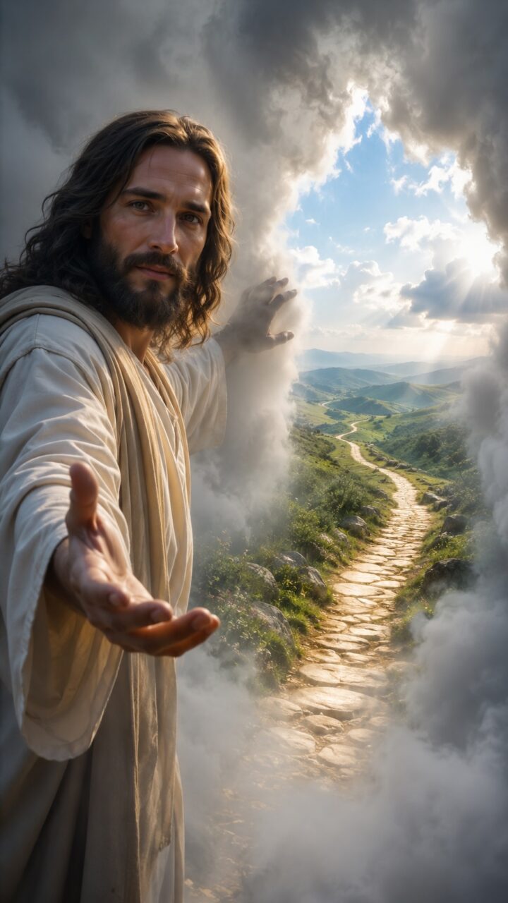 Jesus abrindo um caminhos em meio as nuvens