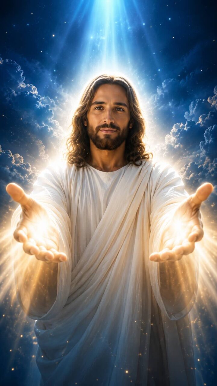 Jesus com as mãos estendidas e com luzes nas mãos, um cenário de céu e nuvens