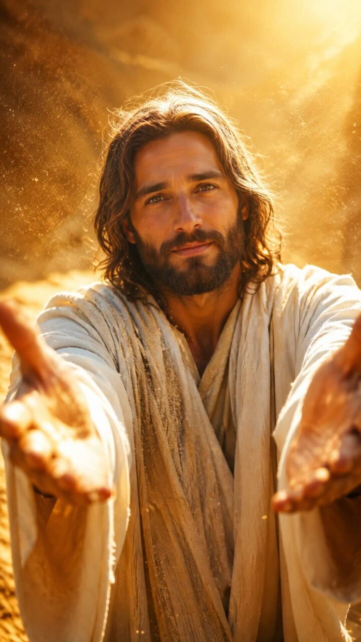 Jesus com as mãos estendidas e tons dourados