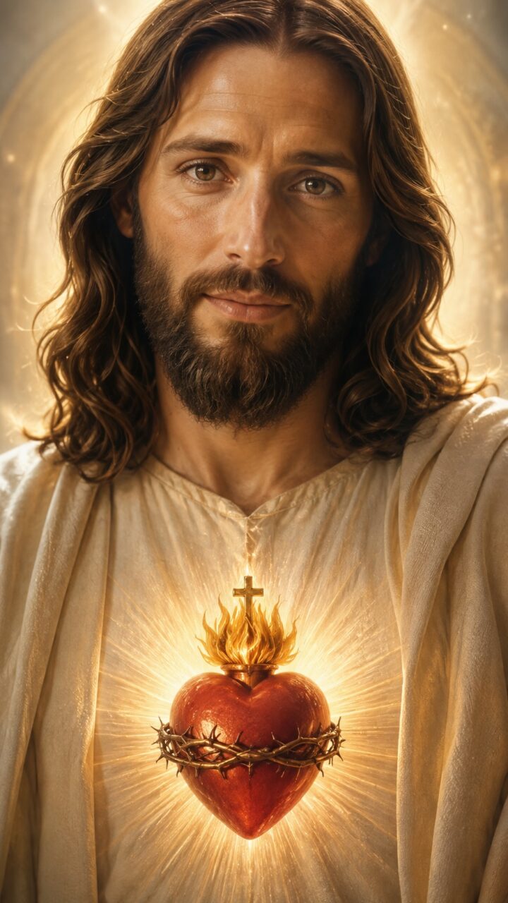 Jesus com o sagrado coração em cenário celestial