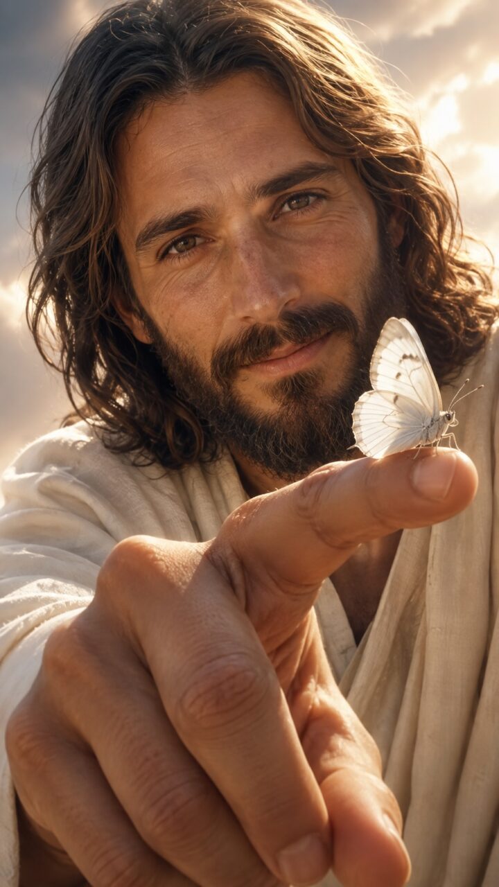 Jesus com uma borboleta no dedo indicador