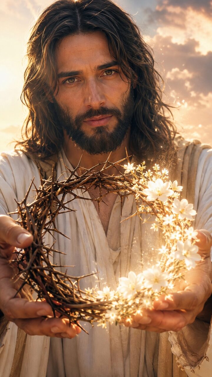 Jesus com uma coroa de espinhos se transformando em flores
