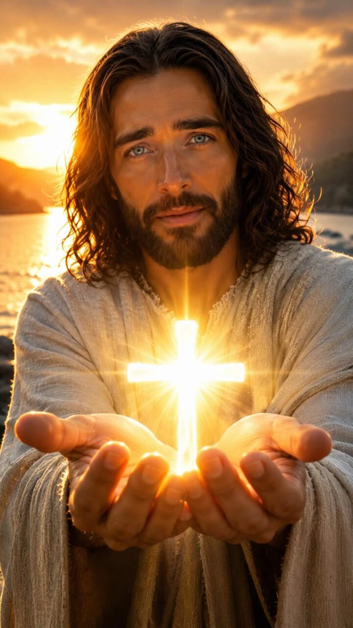 Jesus com uma cruz luminosa nas mãos