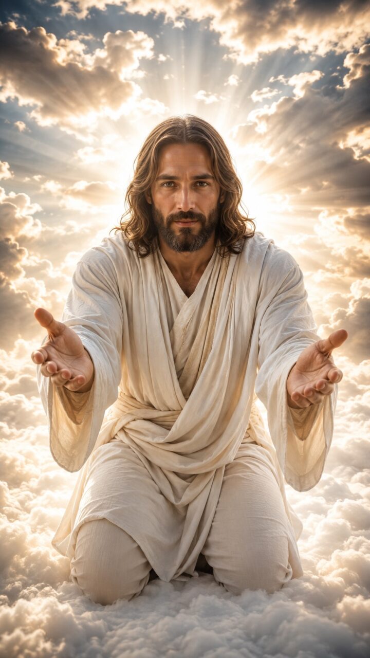 Jesus de joelhos com as mãos estendidas nas nuvens