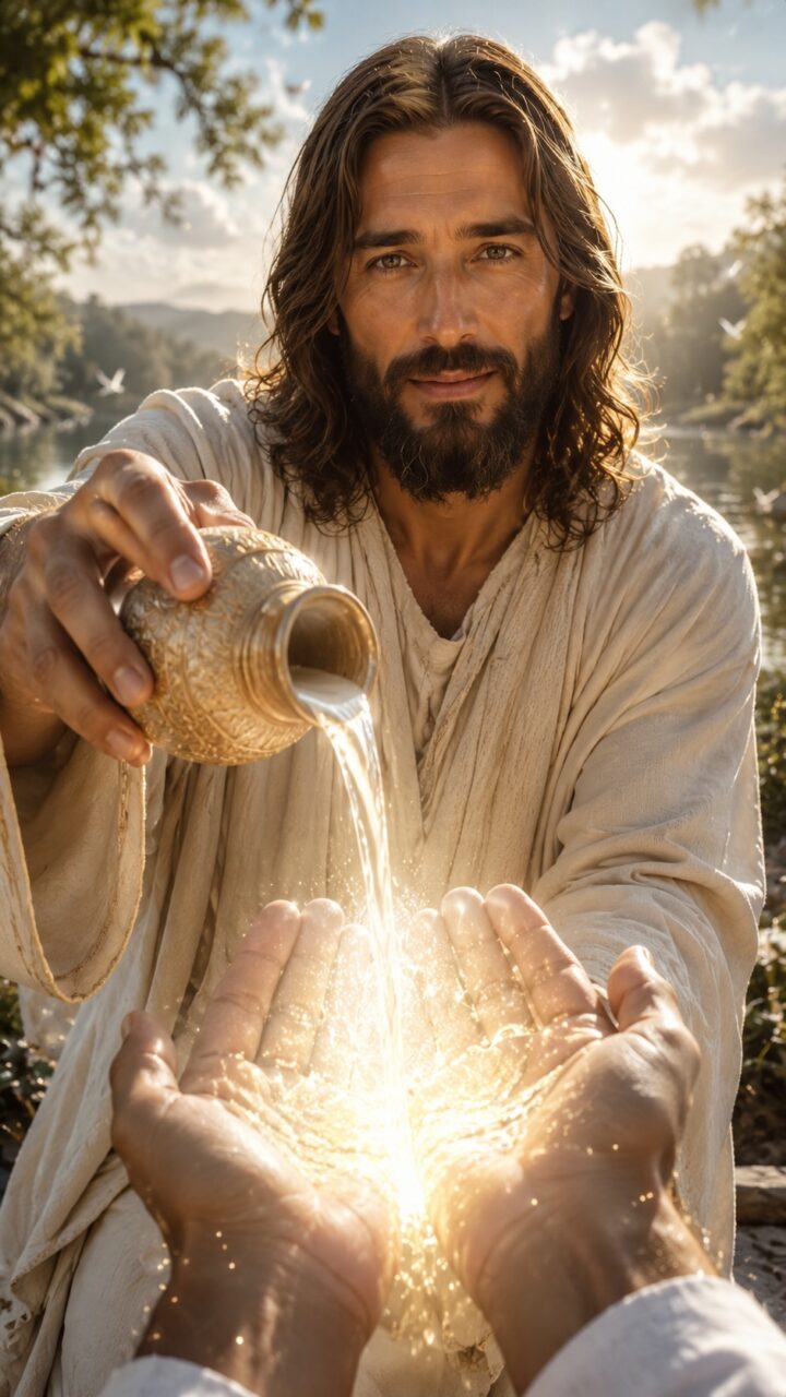 Jesus derramando óleo nas mãos e ungindo